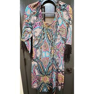 Umgee Boho Paisley Tunic Dress Black Fringe Sleeve Size Small